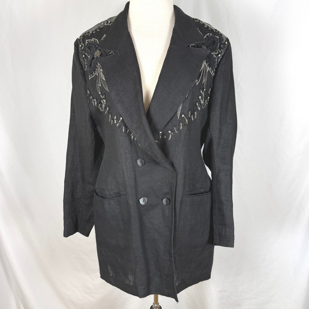Vintage Fully Fashion 100% Linen Beaded Embellished Black Blazer Size 13/14 EUC